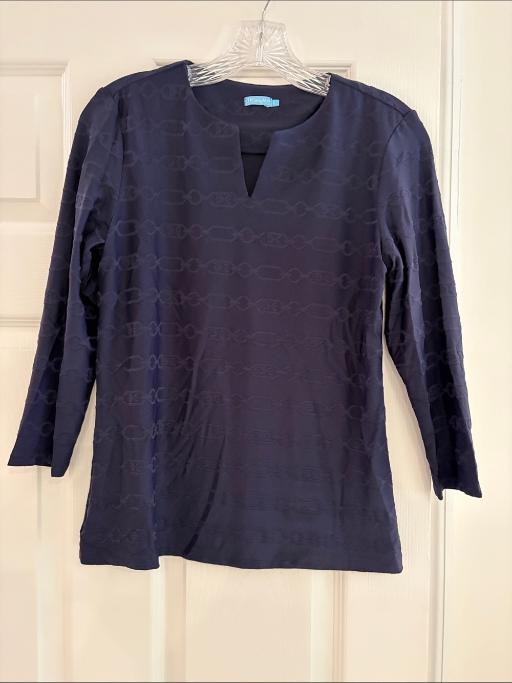 Women's Navy Long-Sleeve Tunic Top with Notch Neck